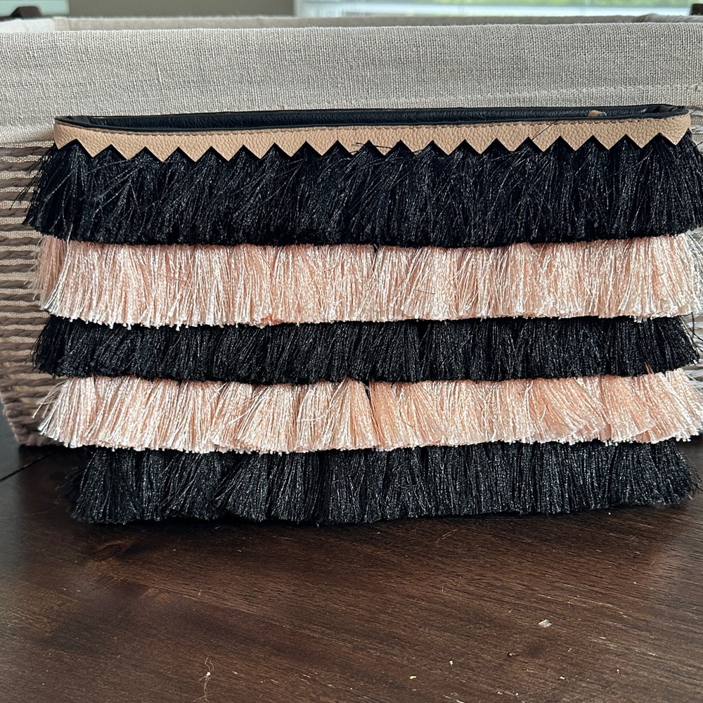 Black and Cream Fringe Clutch